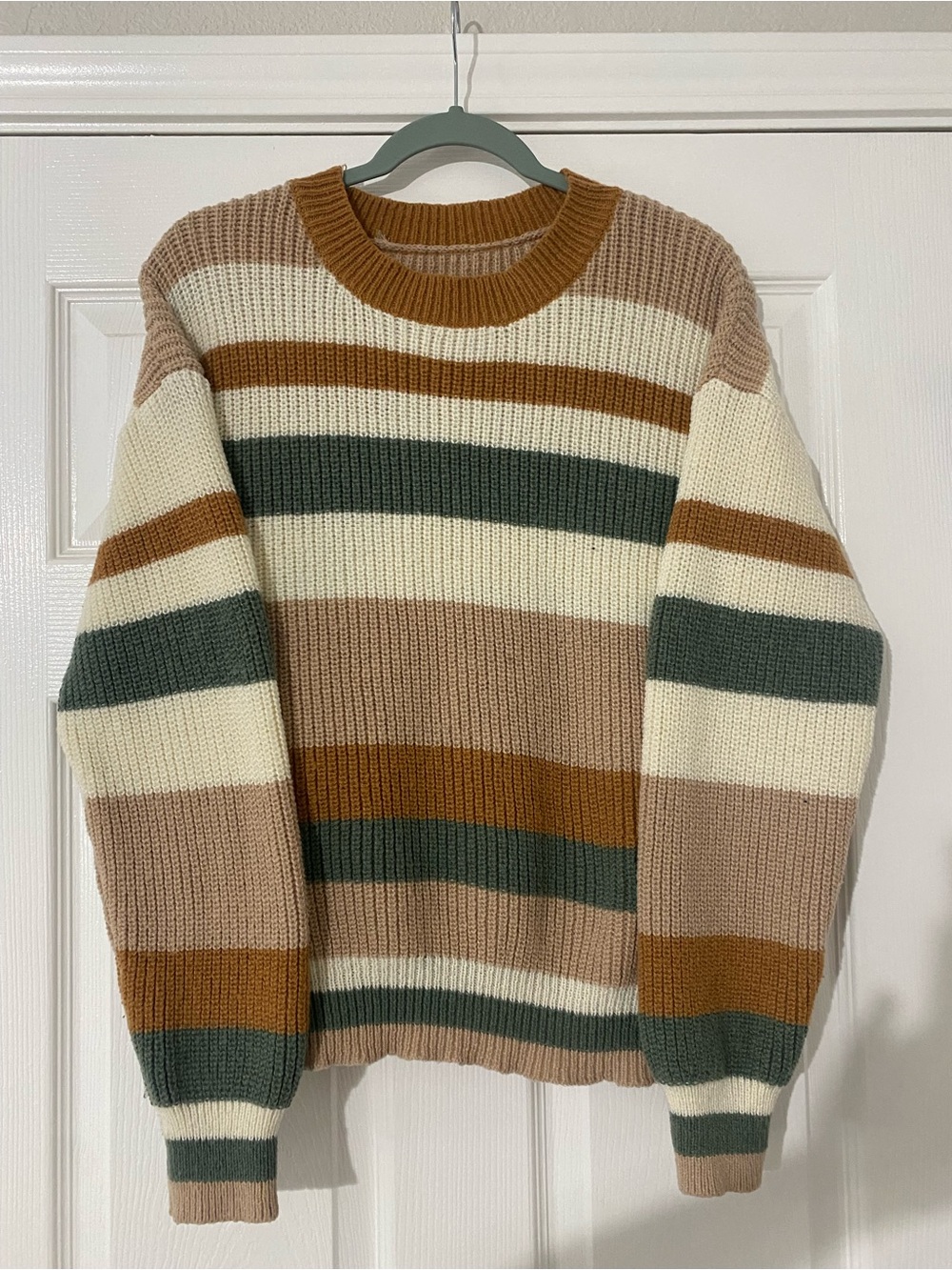Striped Crewneck Sweater in Cream, Tan & Olive